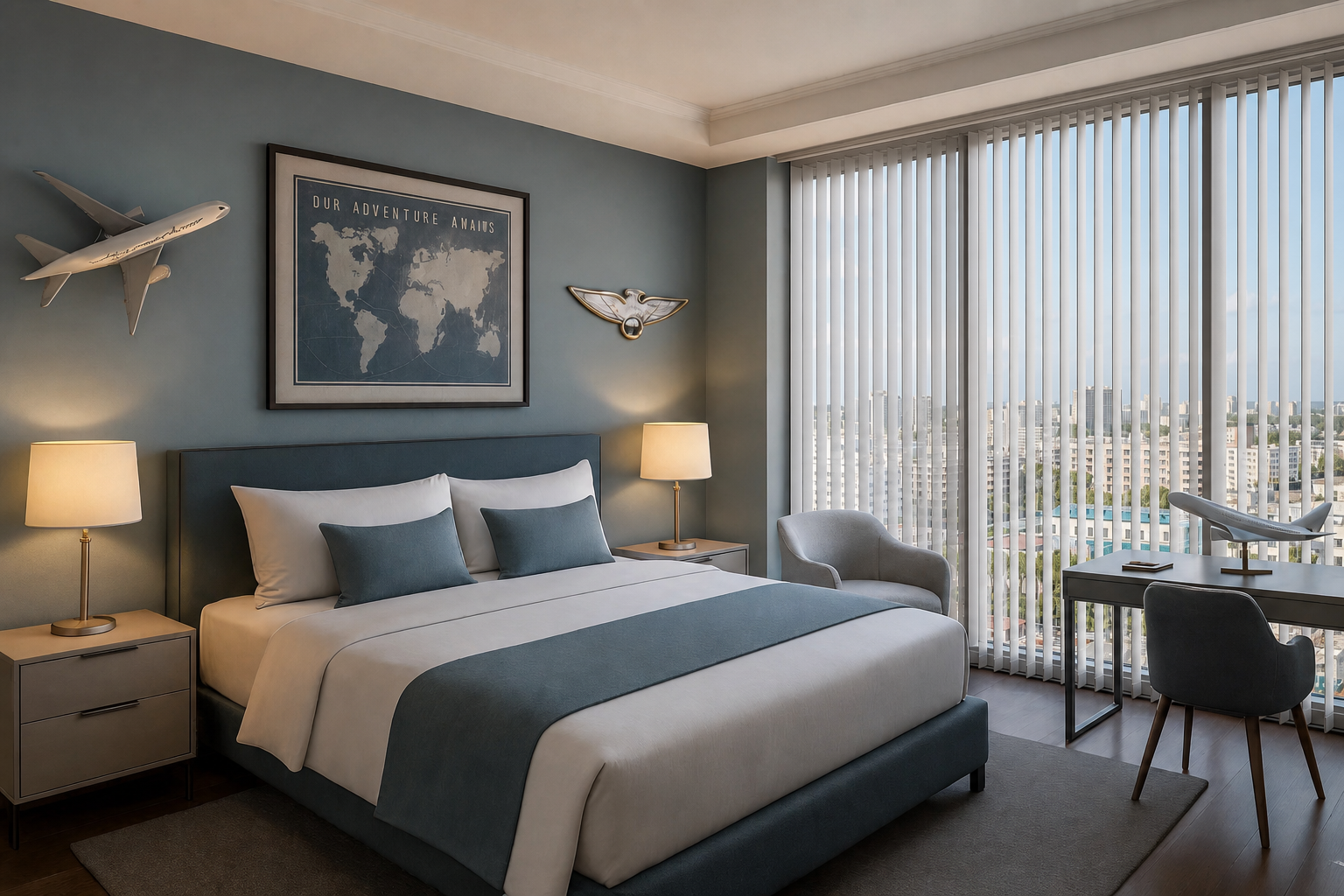 Tranquil bedroom with vertical blinds, designed for jet lag recovery and deep rest