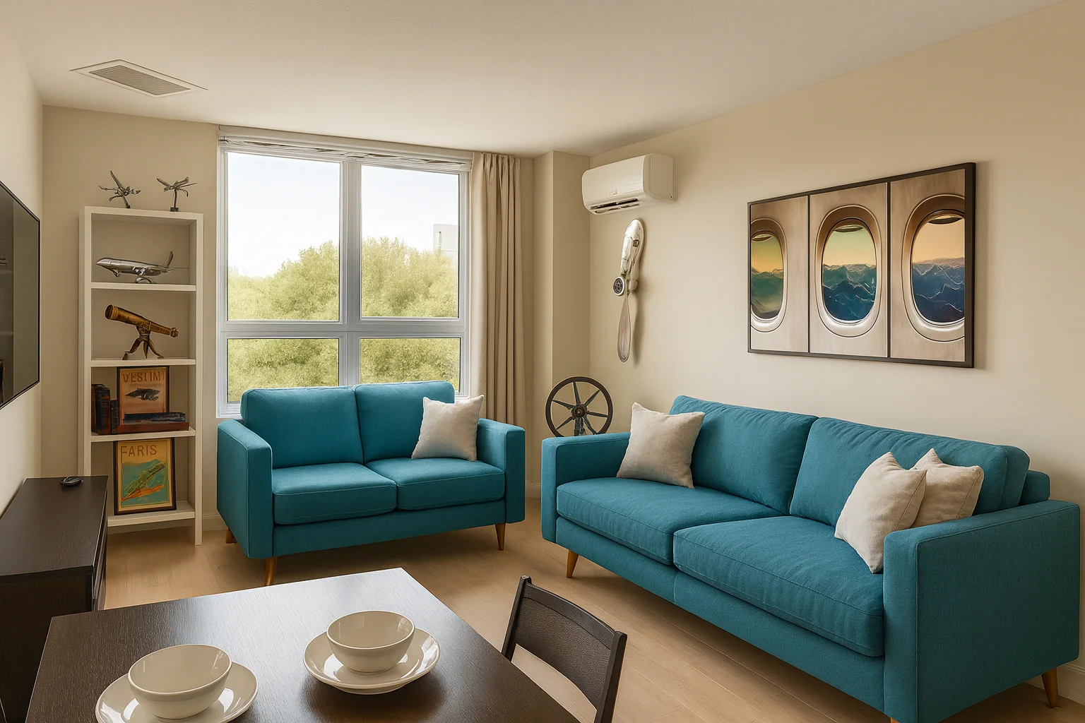 Living space filled with aviation memorabilia and comfortable seating