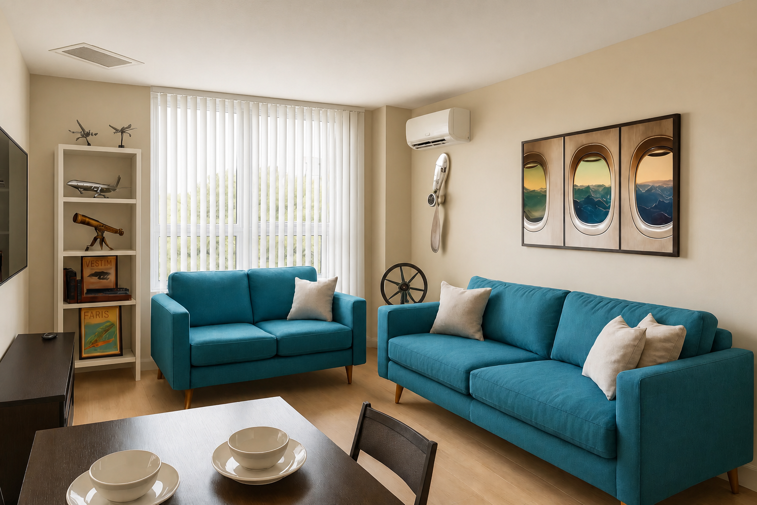 Living space with vertical blinds, aviation memorabilia, and comfortable seating