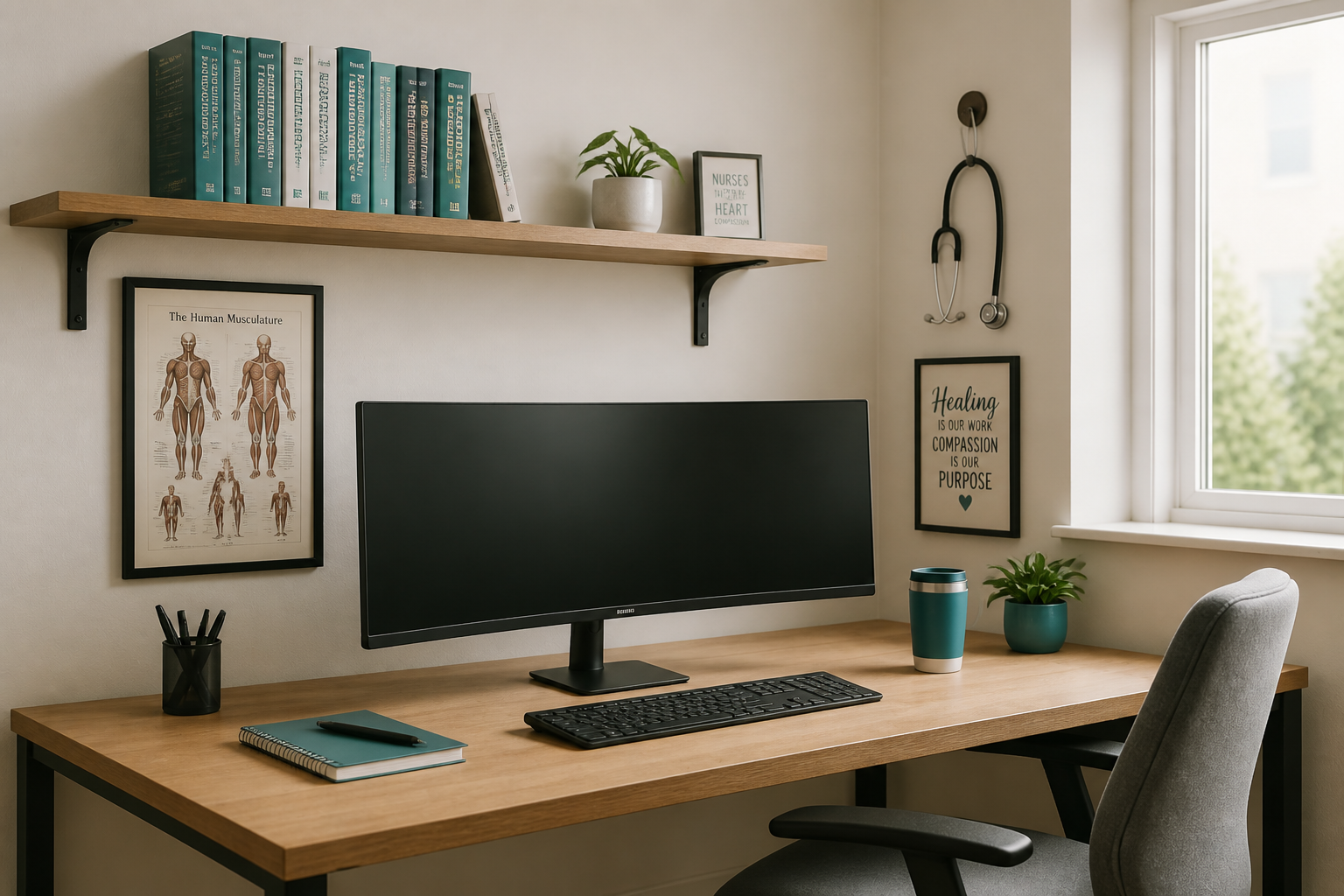 Professional workspace decorated for doctors and nurses with medical references and calm study area